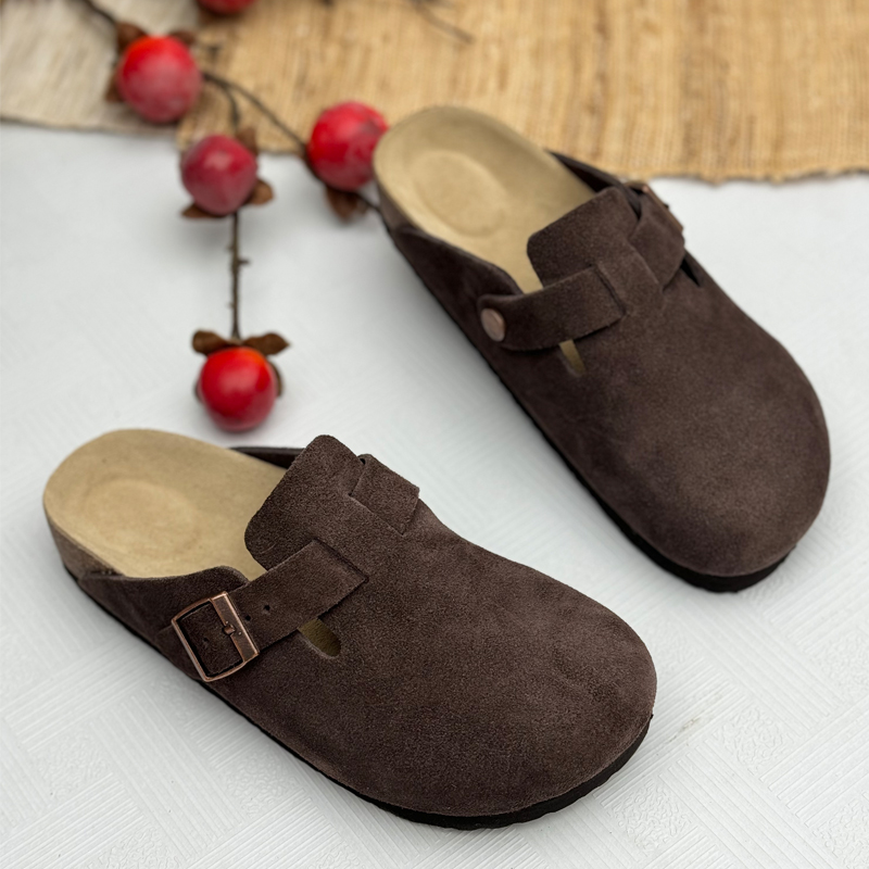 手工真皮勃肯鞋女2025新款半包软木拖鞋包头一脚蹬平底妈妈鞋拖鞋 - 图1