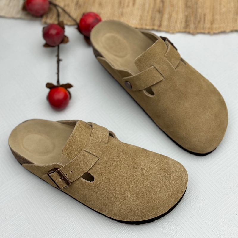 手工真皮勃肯鞋女2025新款半包软木拖鞋包头一脚蹬平底妈妈鞋拖鞋 - 图0