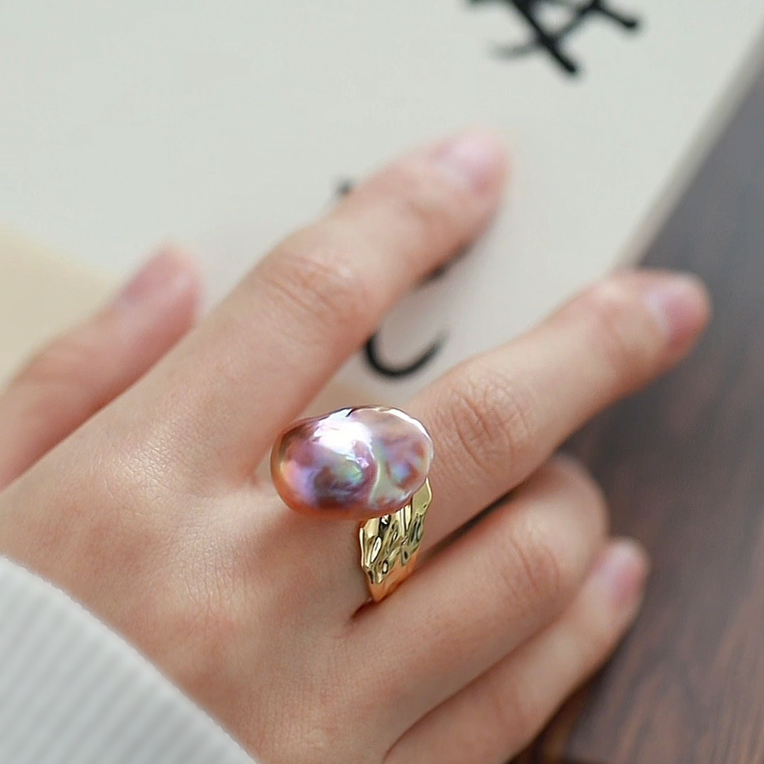 Natural Freshwater Baroque Ring for Women Purple Elegant Elegant Temperament High-end Open Ring