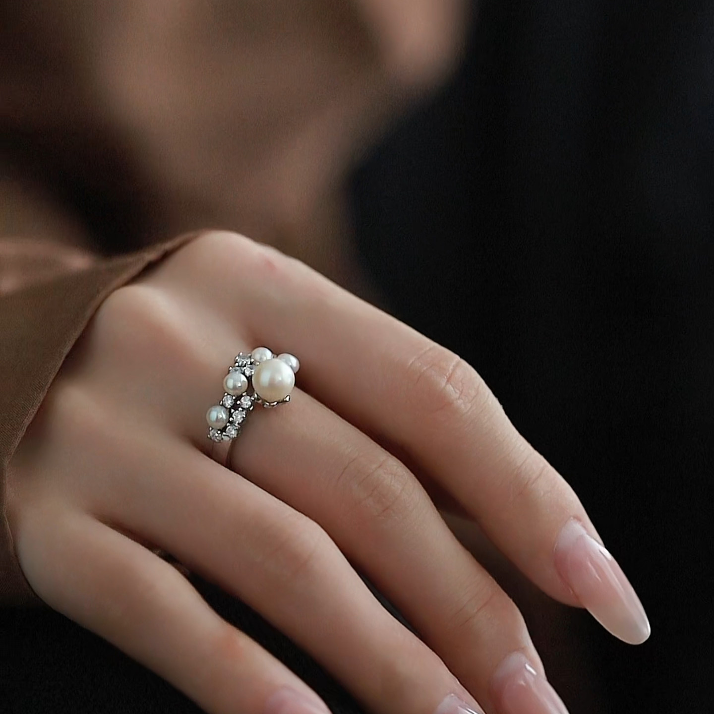 Natural freshwater pearl ring for women, zircon temperament, light luxury design, exquisite open ring