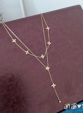 钛钢双层项链L花流苏链十字花锁骨链主播直播间新款装饰链网红女