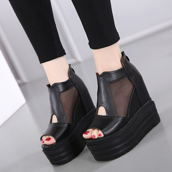 Wedge super high heel sandals 12CM waterproof platform platform platform thick bottom mesh fish mouth shoes spring and summer new inner height lifting women's shoes