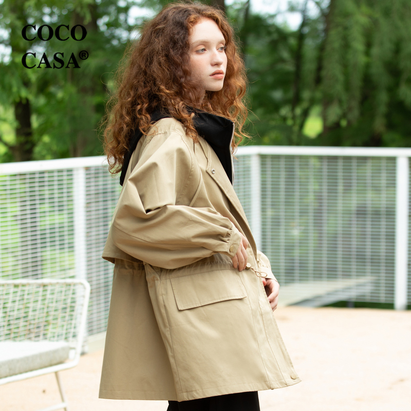 cococasa设计感工装小个子短款风衣女2024秋春米色欧货假两件外套