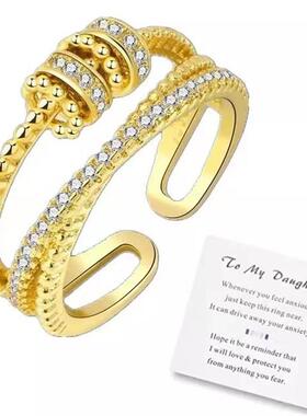 跨境爆款时尚潮流灵动焦虑时来运转戒指女个性双层锆石开口食指戒