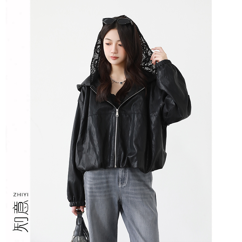 【8.18】PU蛋白皮连帽皮衣夹克女秋季宽松气质拼接蕾丝帽短外套 - 图0