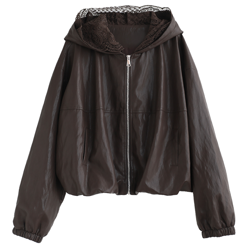 【8.18】PU蛋白皮连帽皮衣夹克女秋季宽松气质拼接蕾丝帽短外套 - 图3