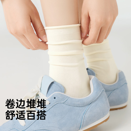 堆堆袜子女款纯棉夏季薄款中筒搭配小皮鞋白色防臭春季月子无骨 - 图0