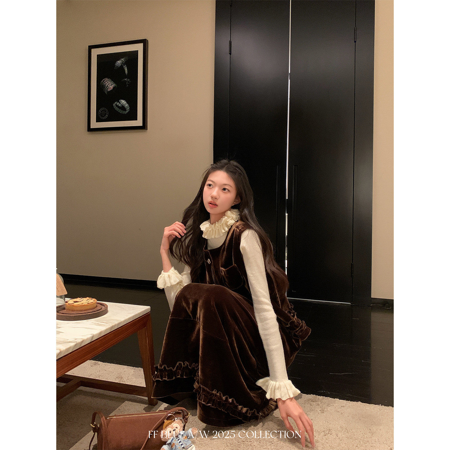 FF BLUE 中古情绪 2色丝绒套装高腰a字半裙高品质马甲叠穿上衣女,淘宝优惠券,粉丝福利购,淘宝优惠卷