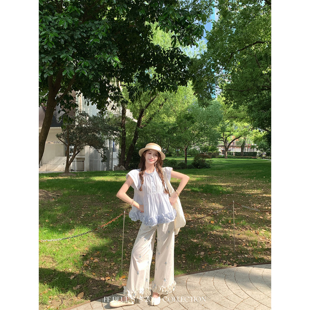 FFBLUE linen ຝ້າຍ trim ເສື້ອ plaid pants suit