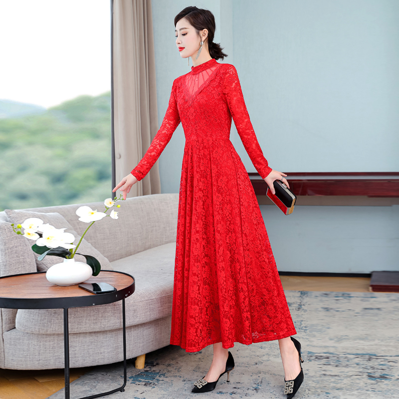 红色长袖连衣裙2023蕾丝长裙时尚收腰镂空复古气质高端妈妈礼服裙
