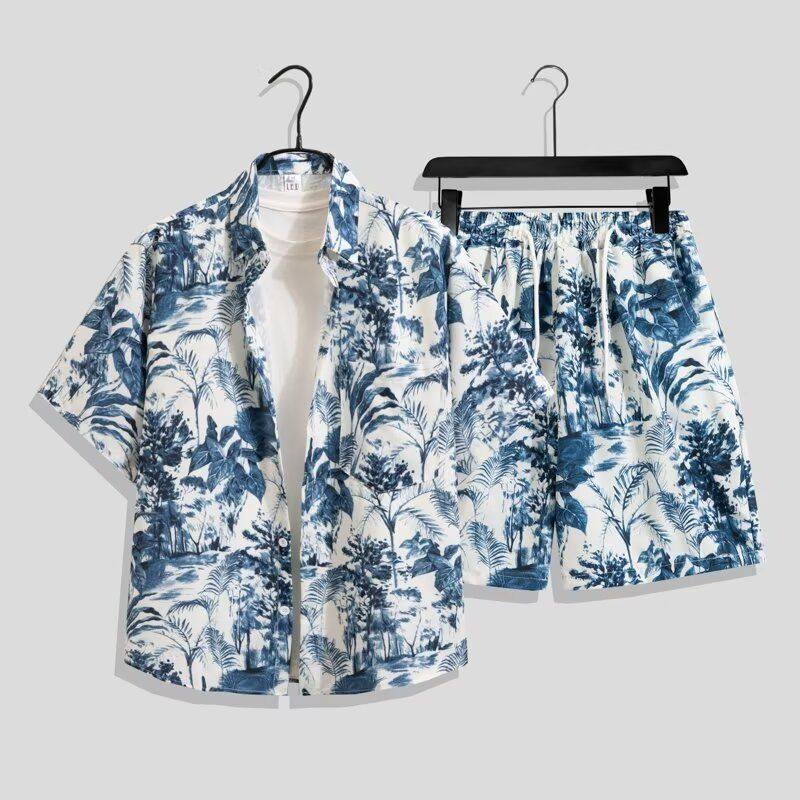 夏日沙滩衬衫速干套装三亚旅游度假夏威夷花复古碎花衬衣两件套,淘宝优惠券,粉丝福利购,淘宝优惠卷