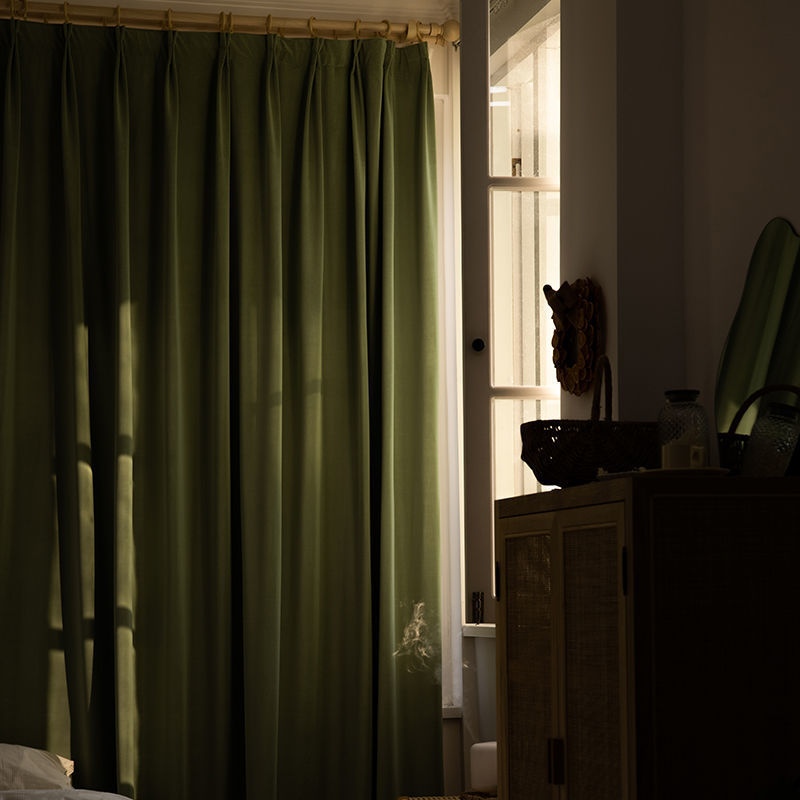。抹茶色日式窗帘全遮光卧室ins风2021新款客厅简约轻奢挂钩式成-图1