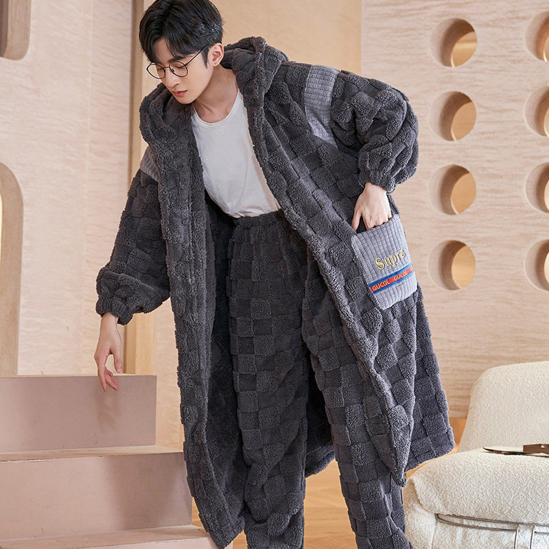 男士秋冬款加厚加绒长款珊瑚绒睡袍 卡西奴服饰睡衣/家居服套装