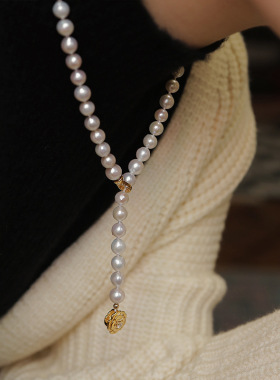 秋冬母贝珍珠项链女长款旗袍配饰小众设计山茶花吊坠锁骨毛衣链