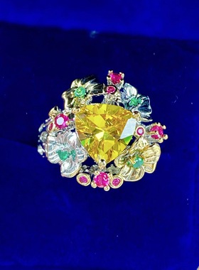 意大利宫廷风工艺璀璨级感开口戒指仿天然黄水晶彩色石戒指女