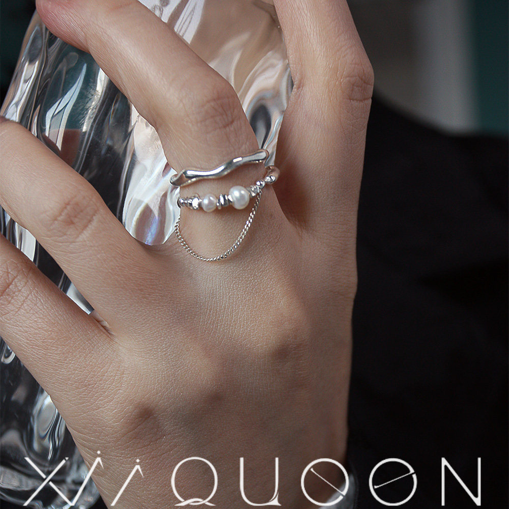 Xii定制款碎银甜酷风天然淡水珍珠纯银链条戒指开口可调节指环男 - 图0