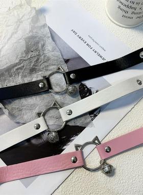 猫咪铃铛项圈女牵引绳颈带链子颈圈choker皮质颈环项链K9脖圈颈链