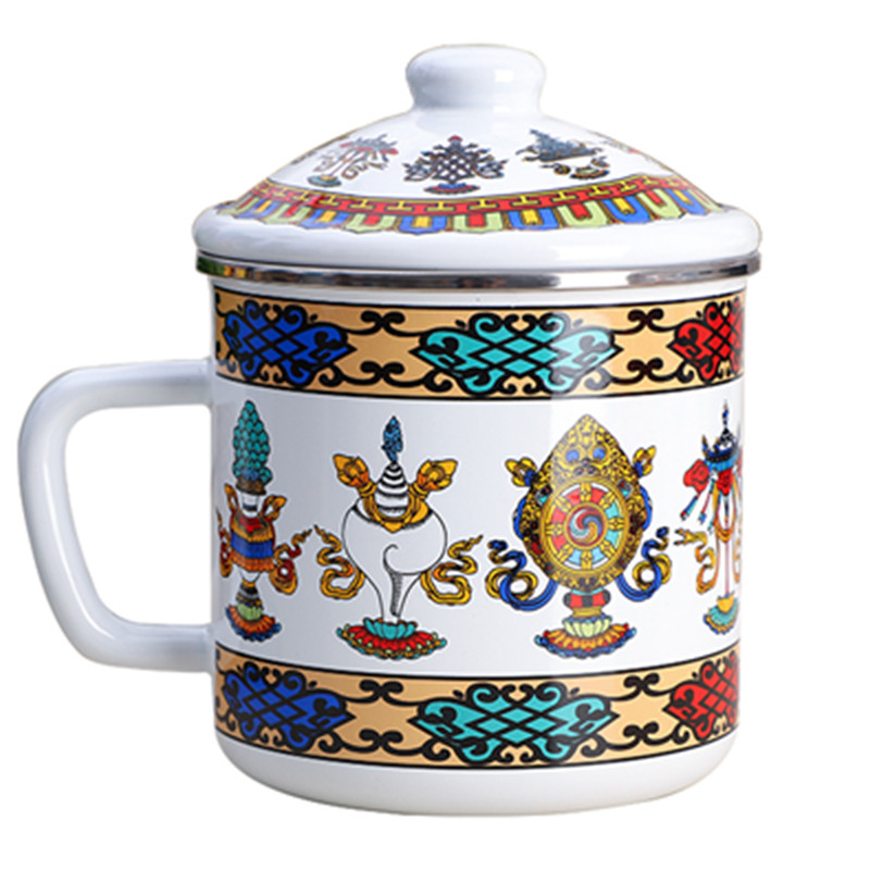 欧丽家搪瓷异域风格搪瓷杯铁茶缸子八宝花午马马克杯水杯带盖