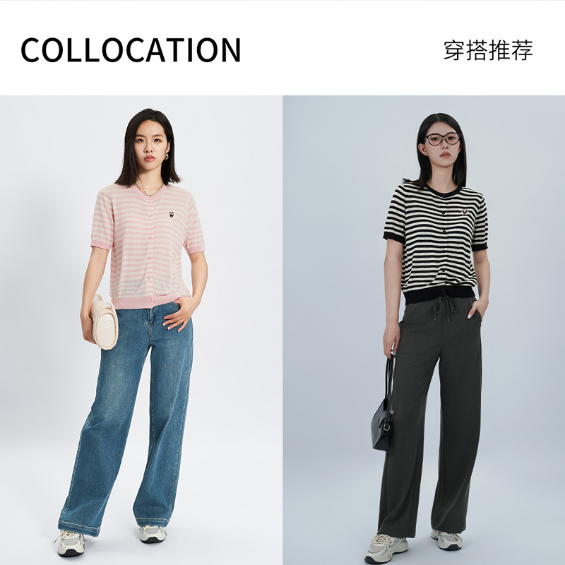 IVYKKI艾维奥莱2024夏季新款条纹刺绣短袖针织衫圆领修身显瘦上衣 - 图2