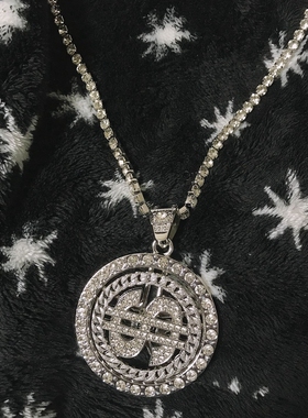 旋转美元镶钻项链吊坠古巴链男士潮街头嘻哈欧美ins网红说唱颈链
