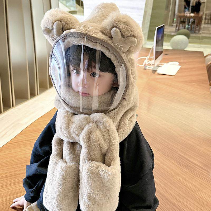 宝宝帽子冬骑行保暖毛绒帽男女童防护面罩儿童围巾手套一体帽防风,淘宝优惠券,粉丝福利购,淘宝优惠卷