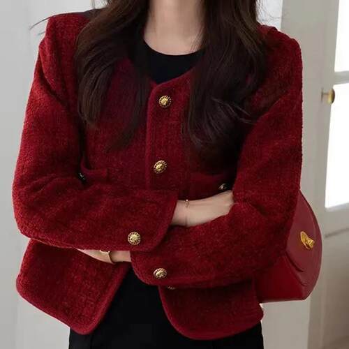 酒红色小香风外套女秋冬高级感小个子法式气质名媛粗花呢上衣毛呢 - 图1