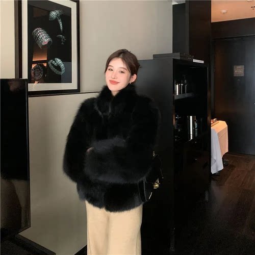 黑色高级仿狐狸毛短款皮草女2025新款爆款冬季独特超好看毛毛外套 - 图0