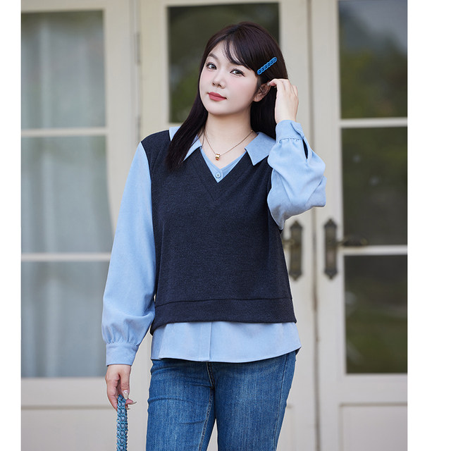 Qisao women's large size top new winter fat mm fake two-piece stitching vest contrasting color slimming loose 200Jin Jin is equal to 0.5 kg