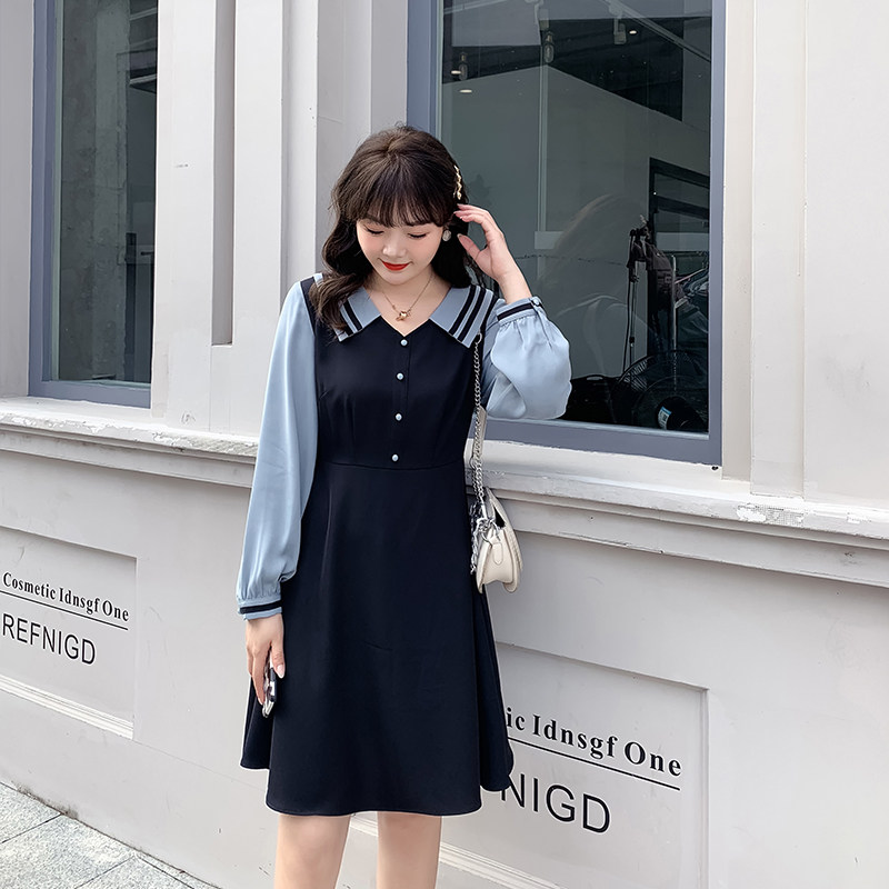 2020秋装新款海军领长袖宽松连衣裙 绮娑女装大码女装