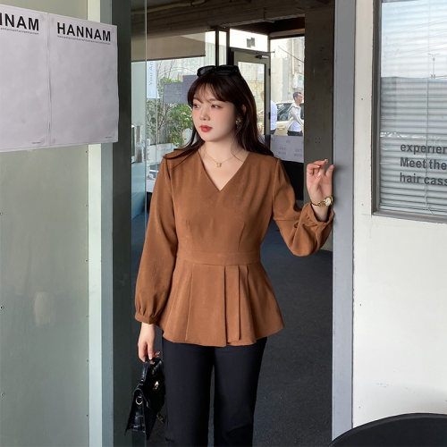 2024年秋新款V领百褶宽松休闲显瘦胖MM上衣女磨毛衫黑色套头打底 - 图0