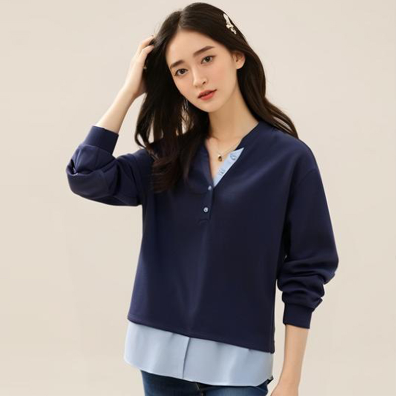 绮娑女装显瘦大码胖MM上衣女秋装2025年新款v领假两件长袖卫衣女 - 图1