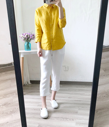 25年夏季日单无印女装亚麻衬衫短款小翻领良品七分袖清凉舒爽上衣 - 图0