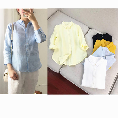 25年夏季日单无印女装亚麻衬衫短款小翻领良品七分袖清凉舒爽上衣 - 图1