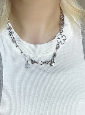 韩系ins风朋克金属风四叶草打结圈拼接项链小众甜酷辣妹y2k锁骨链