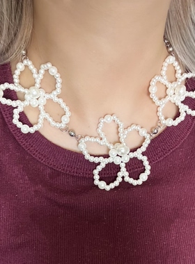 日韩系ins风串珠花朵项链小众设计感复古y2k甜酷简约锁骨链choker