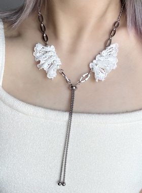 日韩系ins风白色蕾丝花边几何串珠拼接抽拉项链小众甜酷复古y2k