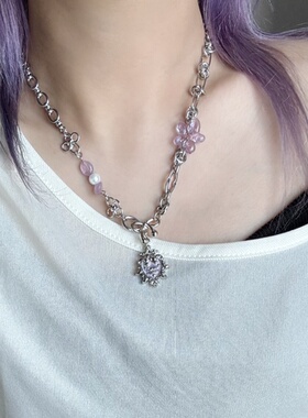 日韩系ins风复古巴洛克蝴蝶结紫色系花朵拼接项链小众y2k辣妹甜酷
