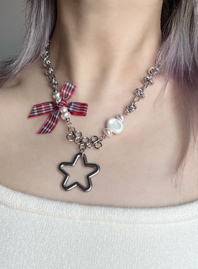 朋克摇滚红格纹蝴蝶结星星串珠拼接项链小众甜酷复古y2k日韩系ins