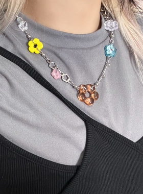 日韩系ins风多巴胺可爱花朵纽扣串珠拼接ot扣项链小众复古y2k甜酷