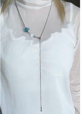 ins风透蓝色花边十字星串珠抽拉蛇骨长项链小众复古y2k甜酷毛衣链