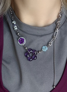 灰紫撞色琉璃花朵纽扣拼接项链日韩系ins风小众设计y2k复古甜酷