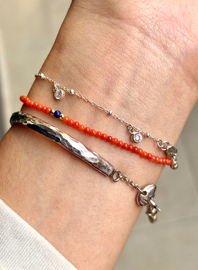 dovetail joint - 好品质橘红调极细南红青金石18K金珠弹力手串