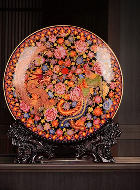 景德镇陶瓷新中式仿古珐琅彩瓷盘装饰摆件家居客厅玄关瓷器工艺品