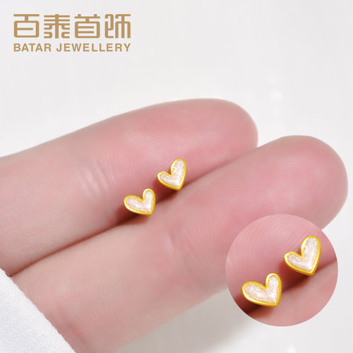 百泰爱心黄金耳钉足金999耳饰养耳棒心形金耳坠珐琅生日礼物耳棍 - 图0