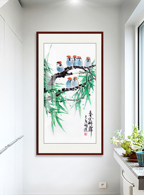 竖幅走道写意风芭蕉八哥手绘国画