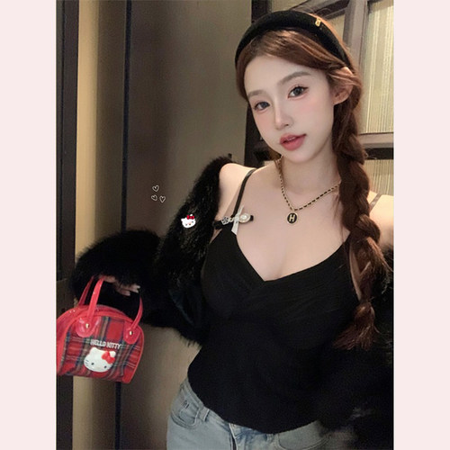 【TiTi美少女】v领带胸垫吊带背心女装秋季短款修身显瘦无袖上衣 - 图2