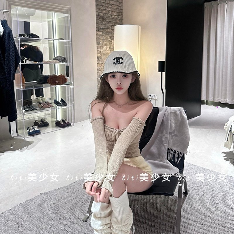 【TiTi美少女】纯欲性感镂空针织衫一字抹胸露肩袖套修身打底上衣,淘宝优惠券,粉丝福利购,淘宝优惠卷