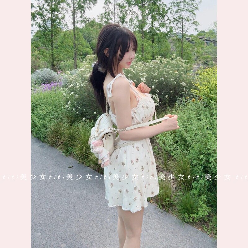 【TiTi美少女】纯欲风碎花清纯绑带吊带收腰紧身无袖甜美连衣裙裤,淘宝优惠券,粉丝福利购,淘宝优惠卷