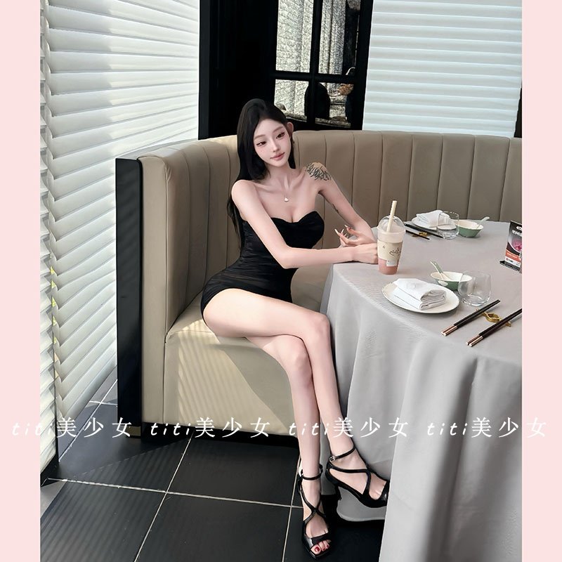 【TiTi美少女】一字肩假透肉网纱包臀裙性感褶皱收腰显瘦连衣裙,淘宝优惠券,粉丝福利购,淘宝优惠卷