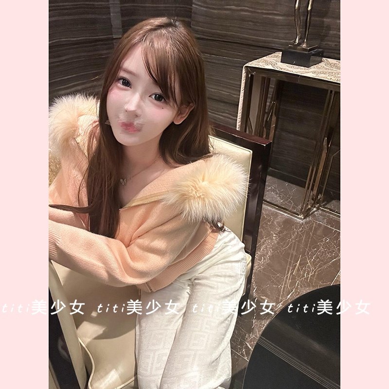【TiTi美少女】纯欲小奶狐皮草连帽粉橘色针织狐狸大毛领短款外套,淘宝优惠券,粉丝福利购,淘宝优惠卷